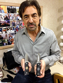 Joe Mantegna, host of Gun Stories on the Outdoor Channel with his D&L Custom Knives